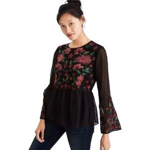 American EAGLE OUTFITTERS Sheer Black Embroidered Peplum Top Fully Lined Sz XS